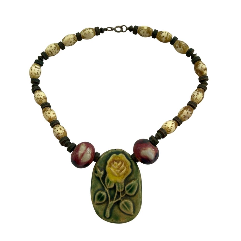 Green & Yellow Ceramic Flower Pendant on Beaded Necklace & Earring Bohemian Chic - Picture 3 of 5